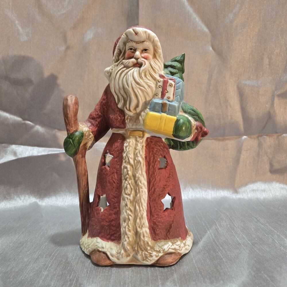 Vintage Old World Santa Votive Claus Ceramic Tealight Holder w/ Tree & Gifts 7"